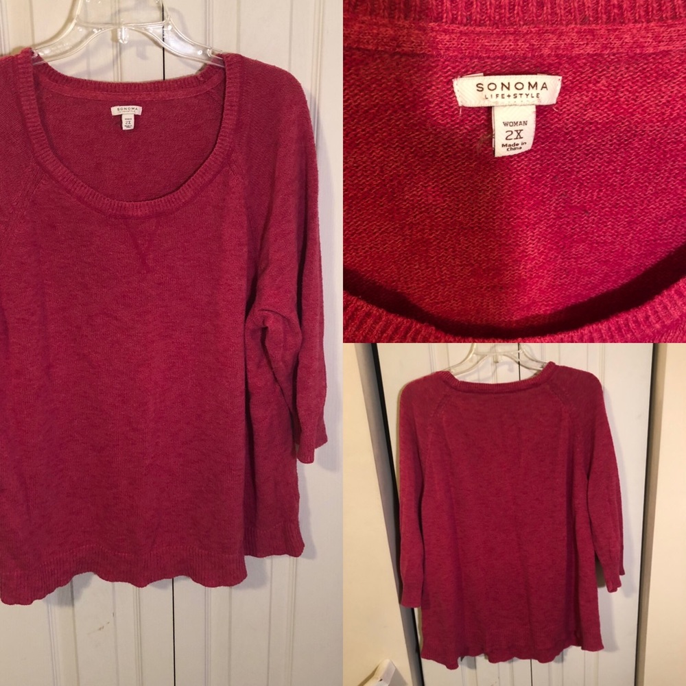 Sonoma 2X Pink 3/4 Sleeve Scoopneck Sweater